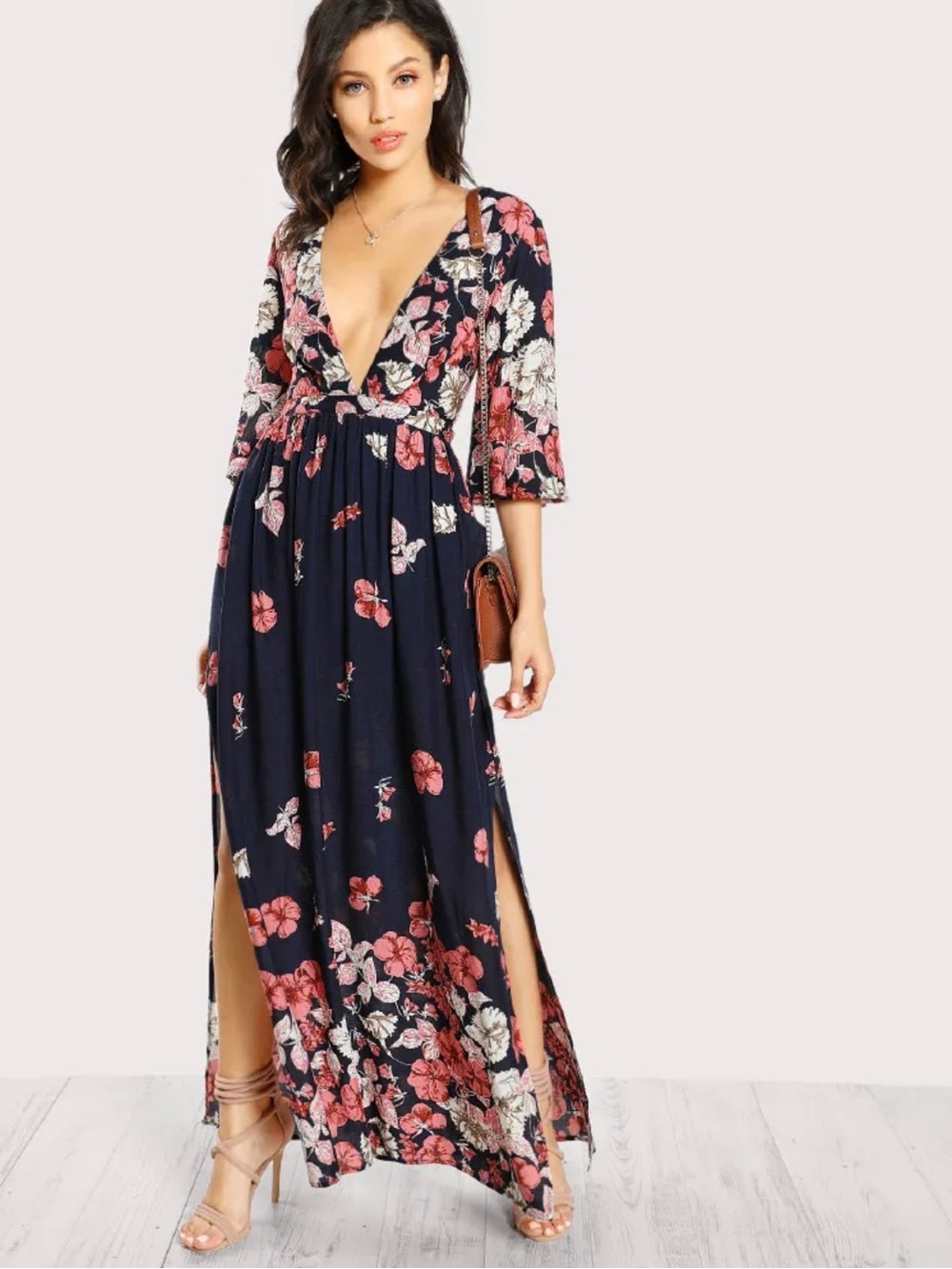 SHEIN Lace Up Back Plunge Neck Split Floral Dress